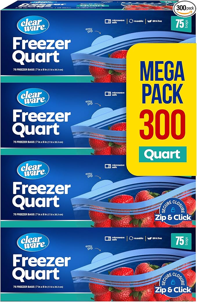 Quart Freezer Bags - Double Zipper Seal -300 Count, (4 Packs of 75) Resealable Plastic Freezer Containers - Reusable Pouches for Food Storage, Meat, Fresh Vegetables, Fruit - Microwave-Safe, BPA Free