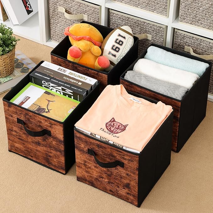 Stero Fabric Storage Cubes, 6 Pack Foldable Storage Bins with Handle, 13 Inch Box for Shelves, Closet, Organizer, Rustic Brown and Black
