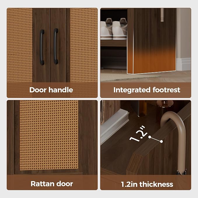 Mericonia 6-Tier Shoe Cabinet Storage for Entryway, Rattan Shoes Organizer Cabinets with Doors, Wooden Shoe Rack, Farmhouse Boho Wood Storage Cabinet (Walnut, 6-Tier)