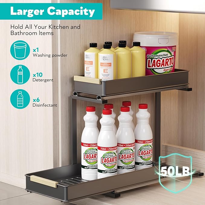 AndUp Under Sink Organizer, 2 Tiers Pull Out Bathroom Organizers and Storage, Slide Out Cabinet Organizer Shelf for Kitchen Bathroom, Multi-Purpose Collection Organizer Drawer Shelf (Gray, 2pcs)