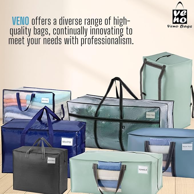 VENO 6 Pack Moving Bags, Upgraded Heavy Duty, Moving Boxes Alternative, Packing Storage Supplies for Dorm Room Essentials with Zipper for Clothes, Large Totes for Packaging (Blue, 6 Pack)