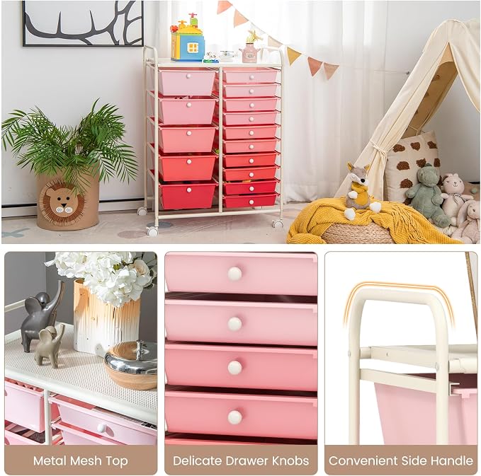 DREAMADE Rolling Cart with 15 Drawers, Rolling Drawer Organizer Cart w/Lockable Wheels, Removable & 2-Sized Storage Drawers, Art Cart for School Home Art Supplies Crafts File Scrapbook (Mixed Pink)
