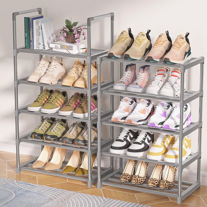 OYREL 10-Tier Metal Shoe Rack, Narrow Shoe Rack Organizer, Sturdy Shoe Shelf for Closets, Entryway, Bedroom, Garage - Silver