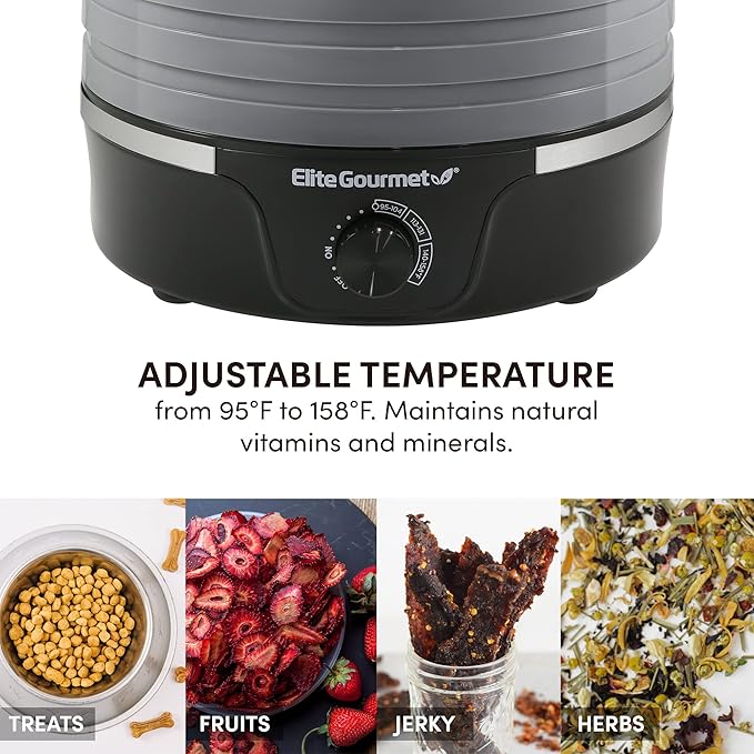 Elite Gourmet EFD319DKG Food Dehydrator, 5 BPA-Free 11.4" Trays Adjustable Temperature Controls, Jerky, Herbs, Fruit, Veggies, Dried Snacks, Black and Grey