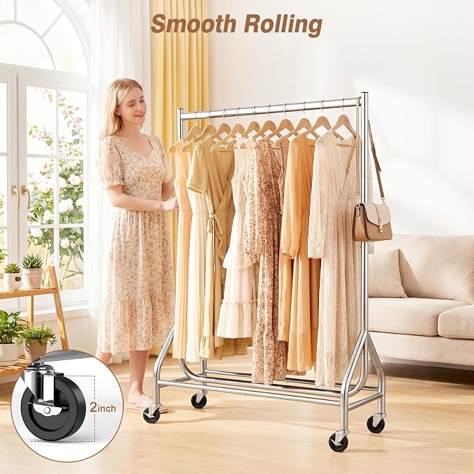 EAGMAK Heavy Duty Clothes Rack Load 268 LBS, 31.5 inch Hanging Rod, Silver | Metal Frame, Stable Base, Compact Size, Rolling Smooth, For Bedroom Closet Entryway Laundry Living Room Home Garage Storage