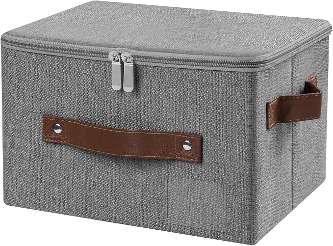 ANMINY Small Fabric Storage Box Bins with Zipper Lid, Washable Gray | Cotton Linen Fabric, PP Board Frame, Label Holder, Stackable & Foldable, PU Handles, Dual-Zipper 3-Side Open Lid