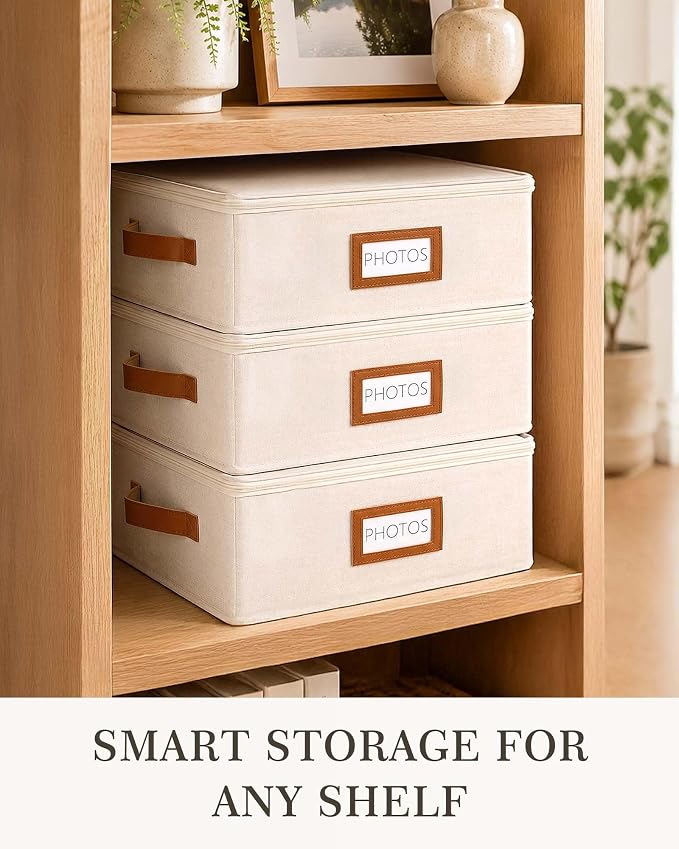 FANGSUN Photo Storage Box with Lid, Stores 2000+ 4x6 Pictures, Dual Mesh Pockets for Larger Prints, Linen Photo Organizer with Dividers, Labels & Side Handle for Family and Travel Memories