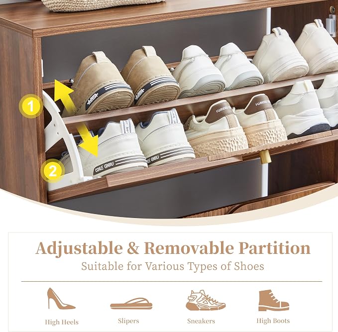 BERRYMERRY Shoe Cabinet with 2 Flip Drawers,Wood Hidden Shoes Storage Cabinet with Fluted Recessed Design, Freestanding Shoe Organizer Cabinet for Entryway, Hallway, Living Room