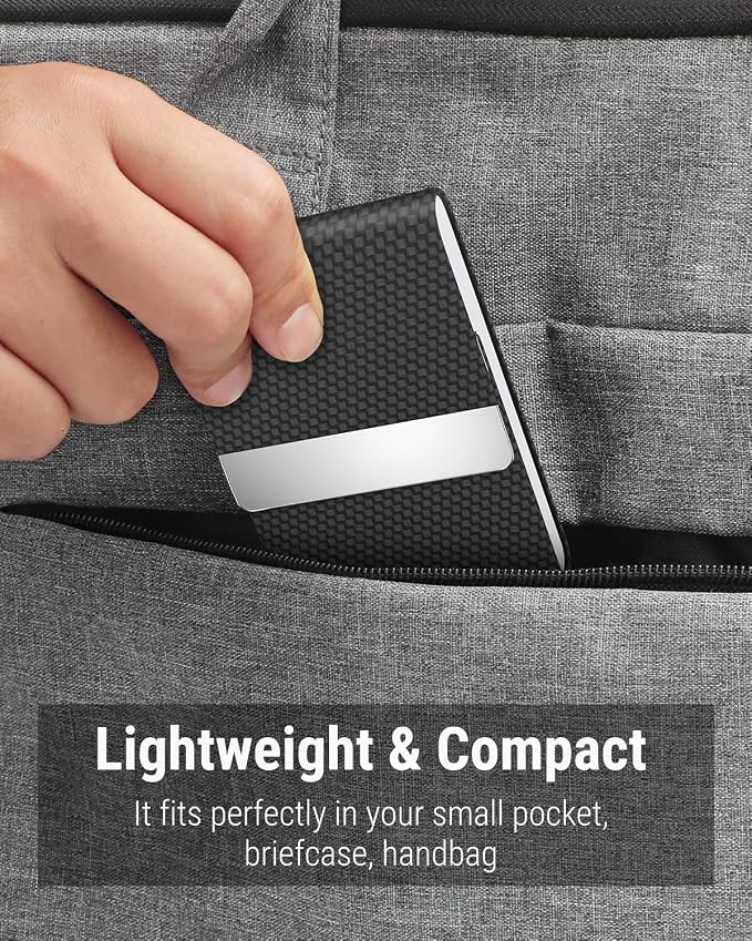 MaxGear Business Card Holder, PU Leather Business Card Case, Black Carbon | Stainless Steel Interior, Magnetic Closure, RFID Blocking, Holds 15–25 Standard Business Cards