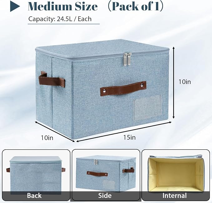 ANMINY Fabric Storage Box Bins with Zipper Lid, Washable Blue | Cotton Linen Fabric, PP Board Frame, Label Holder, Stackable & Foldable, PU Handles, Dual-Zipper 3-Side Open Lid, Medium