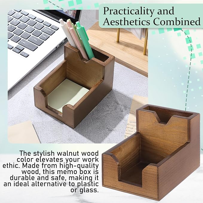 Crtiin 2 Pack Wood Sticky Note Holder, Walnut Color 2-in-1 Pen and Sticky Note Dispenser with 200 Sheets 3x3" Sticky-Notes, Elegant Desk Organizer for Office Home School Dorm Room
