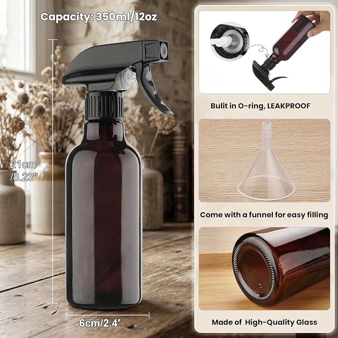 12oz Glass Spray Bottles 2 Pack, 360° Any-Angle Spraying | Refillable Leak-proof Bottles with Adjustable Nozzle; Ideal for Cleaning, Essential Oils, Plants & Hair Care