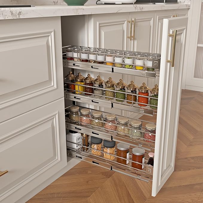 Sikarou 4-Tier 8" W x 21" D Narrow Pull Out Cabinet Organizer, Roll out Spice Rack Holder Shelve, Slide Out Slim Storage Wire Baskets for Storage Organization