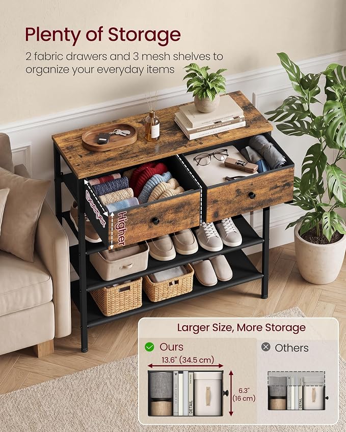 VASAGLE Shoe Rack, 4 Tier Shoe Storage Rack with 2 Fabric Drawers, Shoe Organizer for Entryway, with 3 Fabric Shelves and Wooden Top, Steel Frame, Modern Basic, Rustic Brown ULBS235KD01
