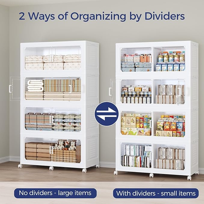 200GAL Extra Large Storage Bins with Lid, 800Qt Stackable Closet Organizers and Drawers, Collapsible Storage Bins with Wheels, Folding Containers for Home, Kitchen Office, 5Pack White