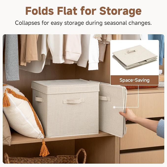 StorageWorks Storage Bins with Lid, Decorative Fabric Storage Bins with Handles, Stackable Closet Organizers for Shelves and Bedroom, Large, Khaki and Beige Stripes, 2-Pack