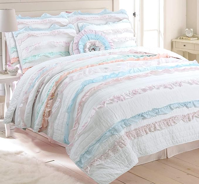 Cozy Line Home Fashions Light Pink Blue Coral White Ruffle 100% Cotton Reversible Girl Quilt Bedding Set, Reversible Coverlet Bedspread (Shabby Chic, Queen - 4 Piece)