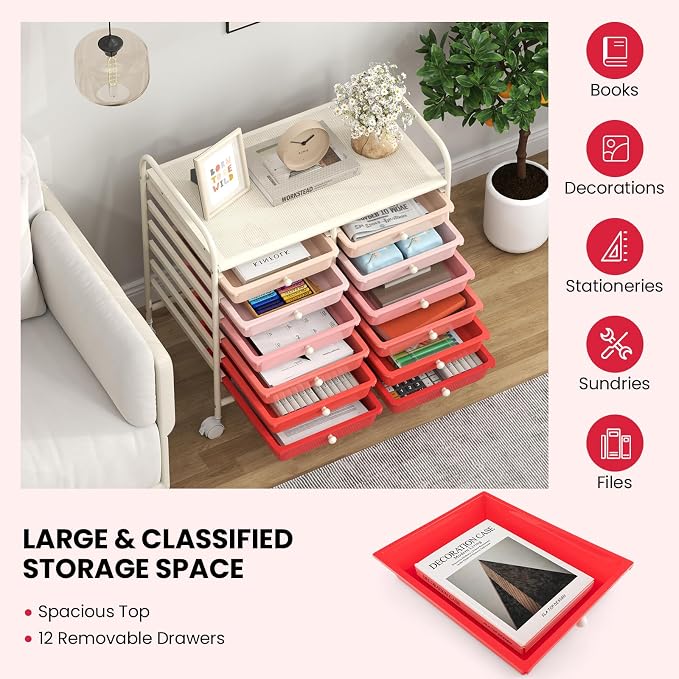 LDAILY 12 Drawer Rolling Storage Cart, Craft Cart Organizer on Wheels w/Metal Frame, Large Capacity & Smooth Drawer, Rolling Cart w/Drawers for Classroom, Office
