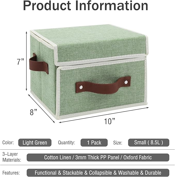 Storage Bins Box with Lids Front Opening Window Decorative Cotton Linen Fabric Basket PU Leather Handles Washable PP Board Foldable Shelf Closet Organizer Container (Light Green, Small)