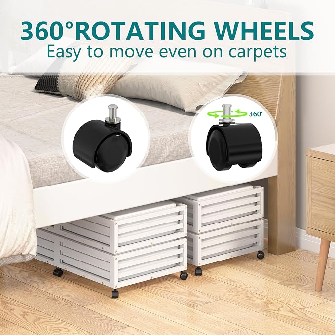 Wisuce 2 Packs Bamboo Under Bed Storage Organizer with Wheels White Large