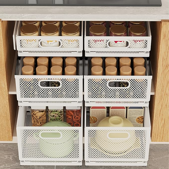 Pull Out Cabinet Organizer, Slide Out Drawers Fixed with Adhesive Nano Film, Pantry Shelves Sliding Drawer Storage Organization for Kitchen/Bathroom/Bedroom (11.8*9.4*6.1inch/30*24*15.5cm)