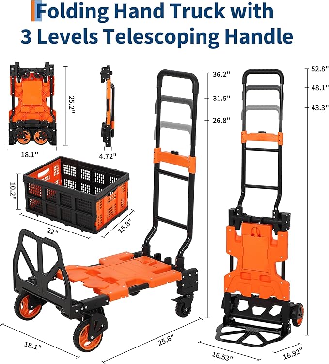 Versatile 2-in-1 Folding Hand Truck Dolly – Collapsible Basket, Retractable Handle, 4 Wheels – Heavy Duty Moving and Shopping Platform, 330 Lb Capacity, Foldable and Compact for Easy Storage