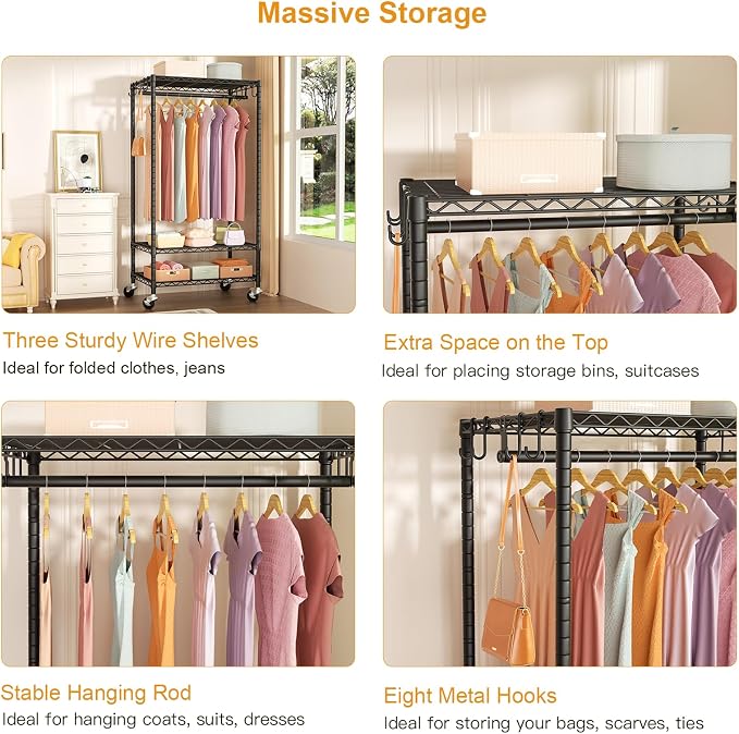 FUTASSI Rolling Clothes Rack, Clothing Racks for Hanging Clothes, Black | P6 Heavy Duty Garment Rack with Wheels, 3 Tier Freestanding Portable Closet Rack with Shelves, 35.5 In Wide, Max Load 380 LBS