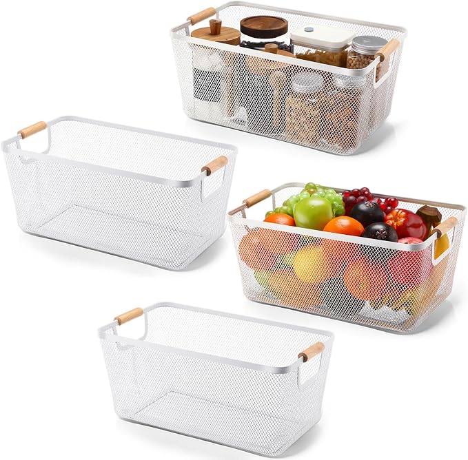 Ziliny 4 Pcs Metal Mesh Wire Baskets with Wooden Handles for Organizing, Pantry Organizers and Storage Steel Bin Kitchen Baskets for Fruit Potato Onion Snacks Bathroom Cabinet(Extra Large,Cream White)