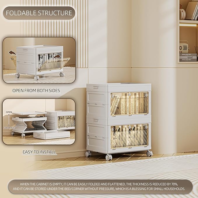 64 QT / 16 Gal Foldable Storage Cabinet with Clear Doors - 3-Point Locking System per Panel, Heavy Duty Casters, Collapsible Design for Warehouse/Office/Home Organization
