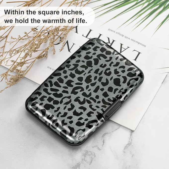 ELFISH Mini RFID Aluminum Wallet Credit Cards Holder Business Card Case Metal ID Case for Men Women(Black Leopard Print)