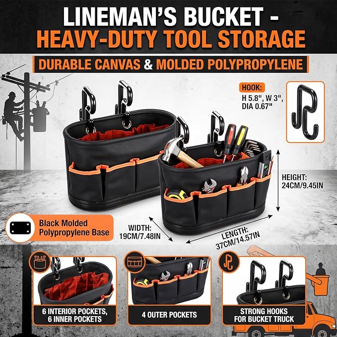 Hard Tool Bucket with 2 Hooks, Drain holes, 10 Pockets(1 Pcs)