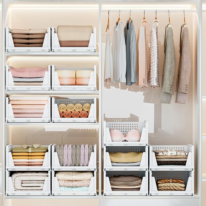 Mavivegue 5 Pack Stackable Closet Storage, Plastic Drawer Basket,Closet Organizers Storage Box for Cupboard,Bedroom, Kitchen, Bathroom, Office White