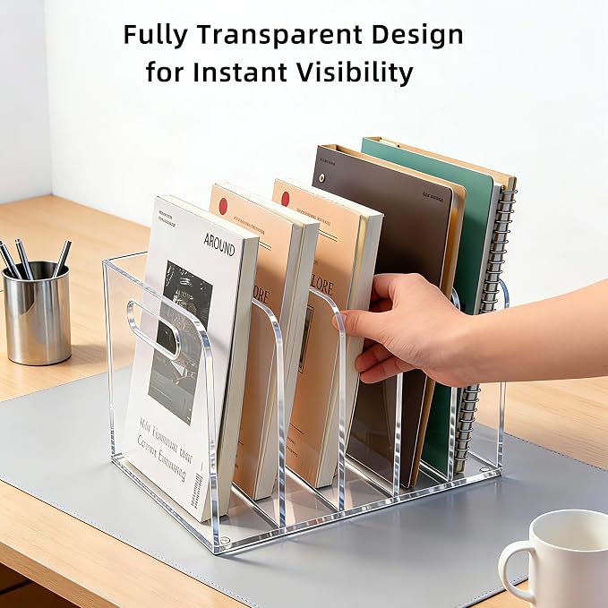 Clear Acrylic Magazine File Holder, 5 Compartment Desk Organizer | 5 spacious vertical compartments hold magazines, files, books & more. Clear acrylic, non-slip base. No assembly, portable.