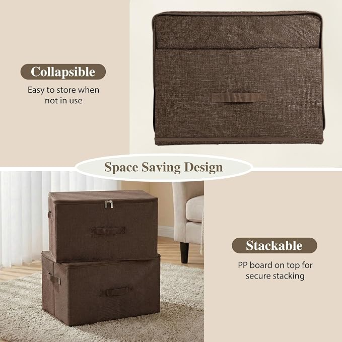 ANMINY 2PCS Storage Bins with Zipper Lids 36 Qt Lidded Fabric Storage Boxes Baskets Cubes with Handles Collapsible Washable Cotton Linen Closet Shelf Clothes Organizer Containers - Coffee, Large