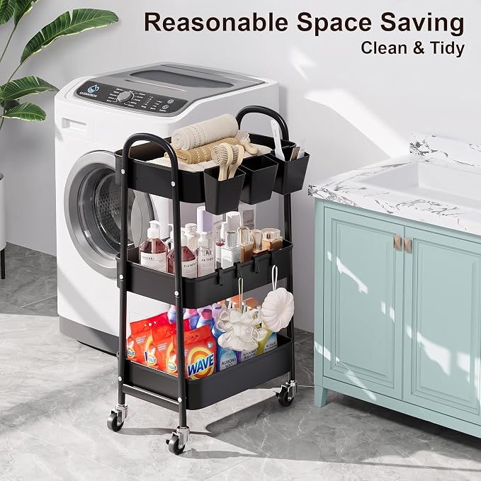 3 Tier Metal Rolling Cart with Lockable Wheels, Black Three Tiered Utility Storage Organizer Carts on Wheels for Bathroom, Kitchen, Laundry, Garage, Office, Craft, Art, Baby, Diaper Caddy, Snack, Book