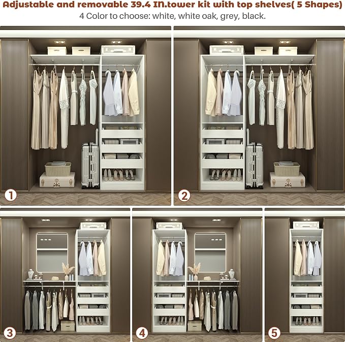 5FT Closet System with 3 Half-Open Wooden Drawers, 60'' Closet Organizer System with 2 Reversible Hanging Rods and Big Wing Shelf, 80" Tall Wall Mounted Wardrobe for Walk-in Closets, White