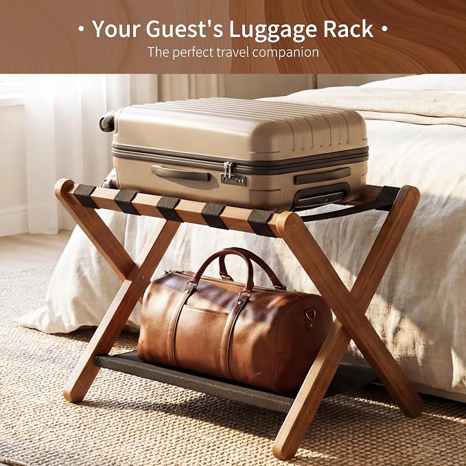 Heybly Luggage Rack for Guest Room, Folding Luggage Stand & Suitcase Holder, Suitcase Stand, Heavy Duty Wooden Luggage Rack with Double Shelf for Hotel & Bedroom, 5 Heavy Duty Straps, Walnut HLR012WB1