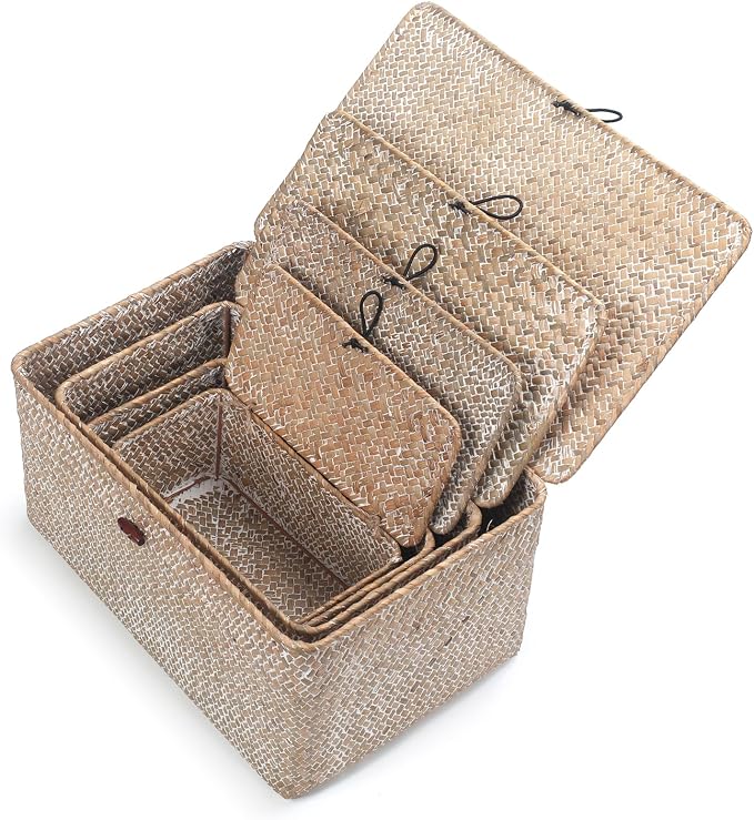 Wicker Basket with Lid, Seagrass Storage Basket, Woven Decorative Storage Baskets for Shelf Organizing, Whitewash