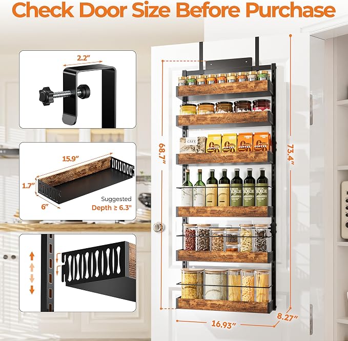 6-Tier Black Over the Door Pantry Organizer w/ Adj.Basket for Kitchen Home
