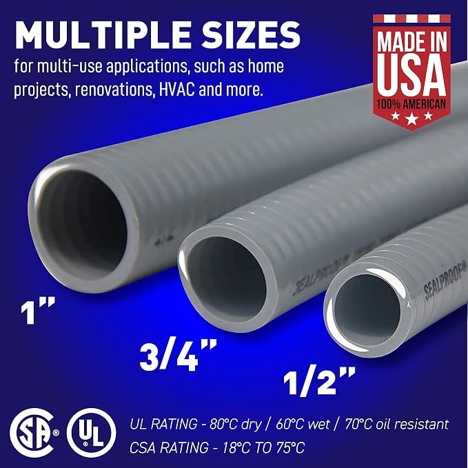 Sealproof 1/2-Inch Non-Metallic Liquid-Tight Conduit and Connector Kit, 25 Foot Made in USA Flexible Electrical Conduit Type B with 4 Straight and 2 90-Degree Conduit Connector Fittings, 1/2" Dia