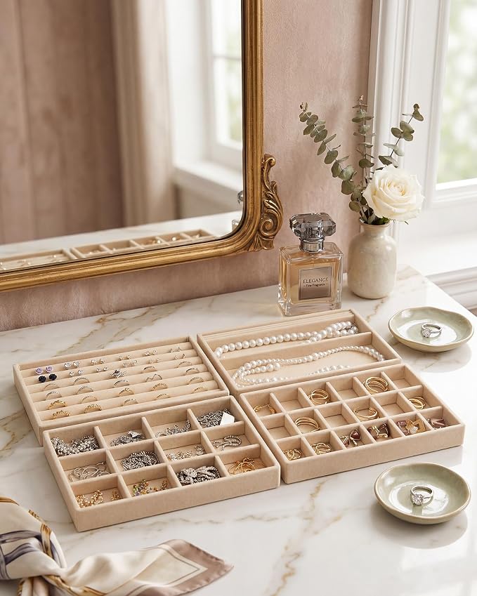Velvet Jewelry Organizer Trays Set of 4,8.3"x4.9"x0.9",Stackable Storage Drawer Organizers Trays for Earring Ring Necklace Jewelry Display Case(4 Set,Beige)