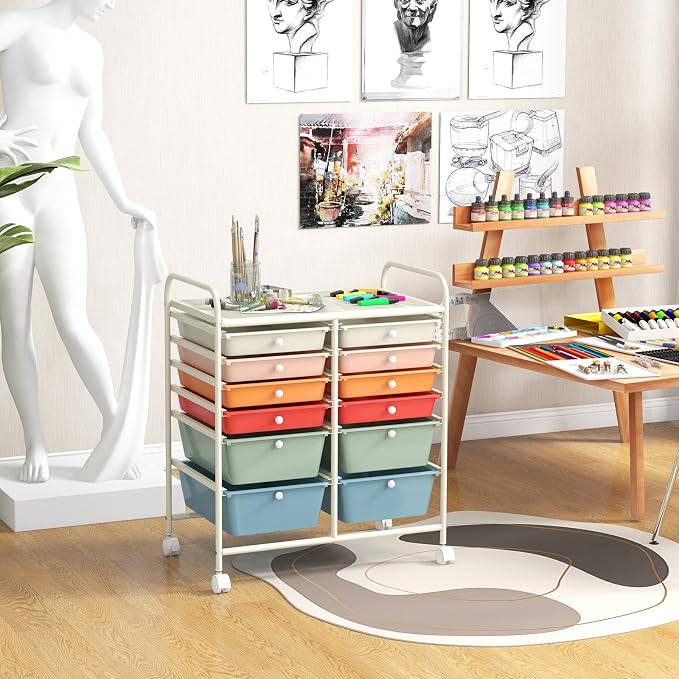 DREAMADE Rolling Cart with Storage Drawers, Utility Cart with Removable Plastic Drawers, Lockable Wheels, Art Cart for Classroom Organization Art Supplies Office Scrapbook (12 Drawers, Macaron)