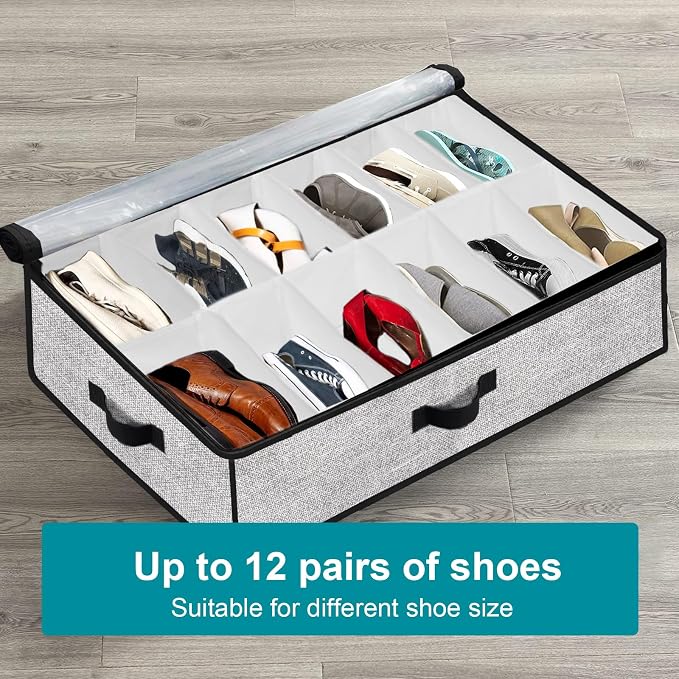 Under Bed Shoe Storage Organizer for Closet 2 Pack- Fits 24 Pairs Underbed Shoes Container Boxes Light Grey