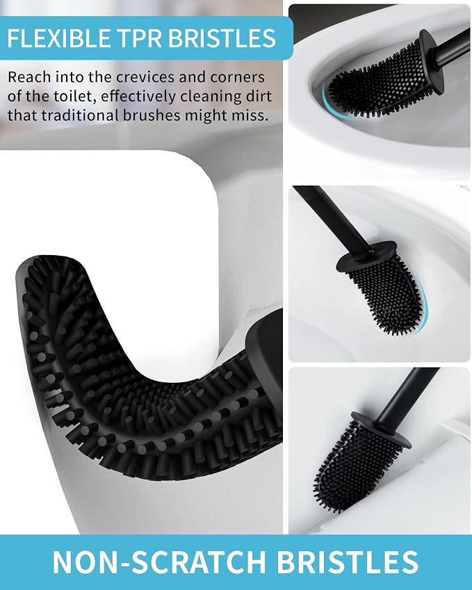 MR.SIGA Toilet Brush and Holder Set, Wall Mounted Toilet Bowl Brush, Black | Space saving design, flexible thermoplastic rubber bristles, easily cleans hard to reach areas, pack of 2