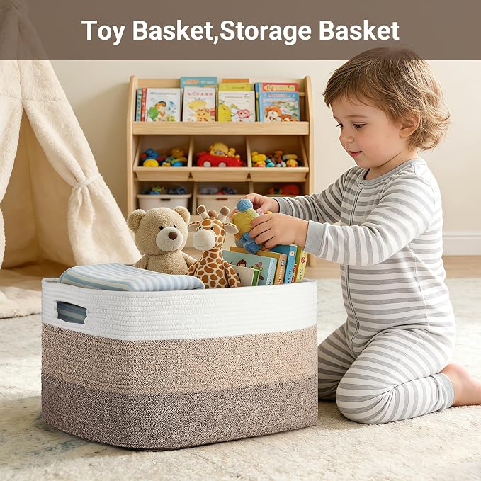 Large Laundry Basket/Hamper, 25"x16"x16" Rectangle Woven Basket | Toy Storage Basket, Baby Blanket Basket, With Handle, Shelf Basket, Living Room Organizing