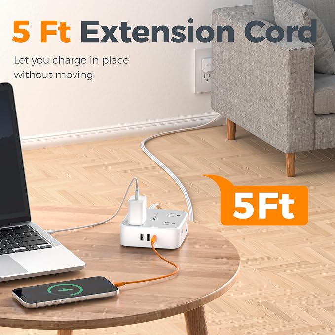TESSAN Surge Protector Power Strip, 5 Ft Flat Plug Extension Cord with 3 USB (1 USB C 20W PD) 8 Outlets, 900J Protection, 3 Sided Outlet Extender with Power Switch for Office, Dorm Room, Grey