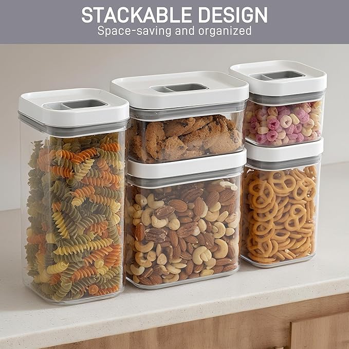 LISI One-Touch Seal Food Storage Containers with Lids, Airtight Stackable BPA-Free Plastic Pantry Canisters for Kitchen Organization, Includes Labels, Marker, Cups & Brush