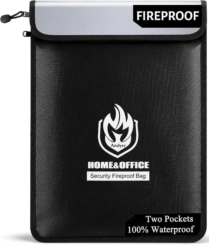 Upgraded Two Pockets Fireproof Document Bag (2000℉), andyer 15”x 11”Waterproof Fireproof Money Bag with Zipper, Waterproof Holder Pouch Fire Safe Envelope for Valuables, Legal Documents (Jet Black)