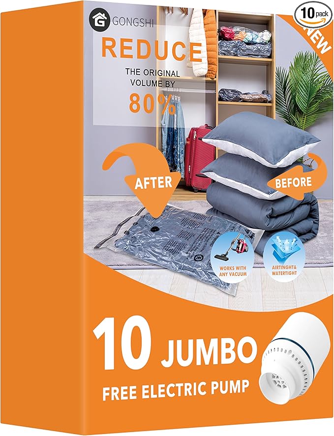 Vacuum Seal Bags for Clothing Travel & Home Storage, Travel Vacuum Bags with Pump,Space Saver for Blankets, Comforters, Pillows, Clothes,10 Jumbo-EPUMP