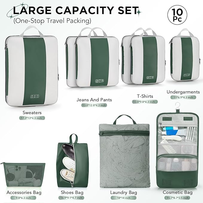 OlarHike 10 Set Compression Packing Cubes for Travel Essentials,Compressible Expandable Space Saver Bags for Organizing Clothes,Luggage Suitcase Garment Bags with Over 1000 pcs Mesh Holes(Dark Green)